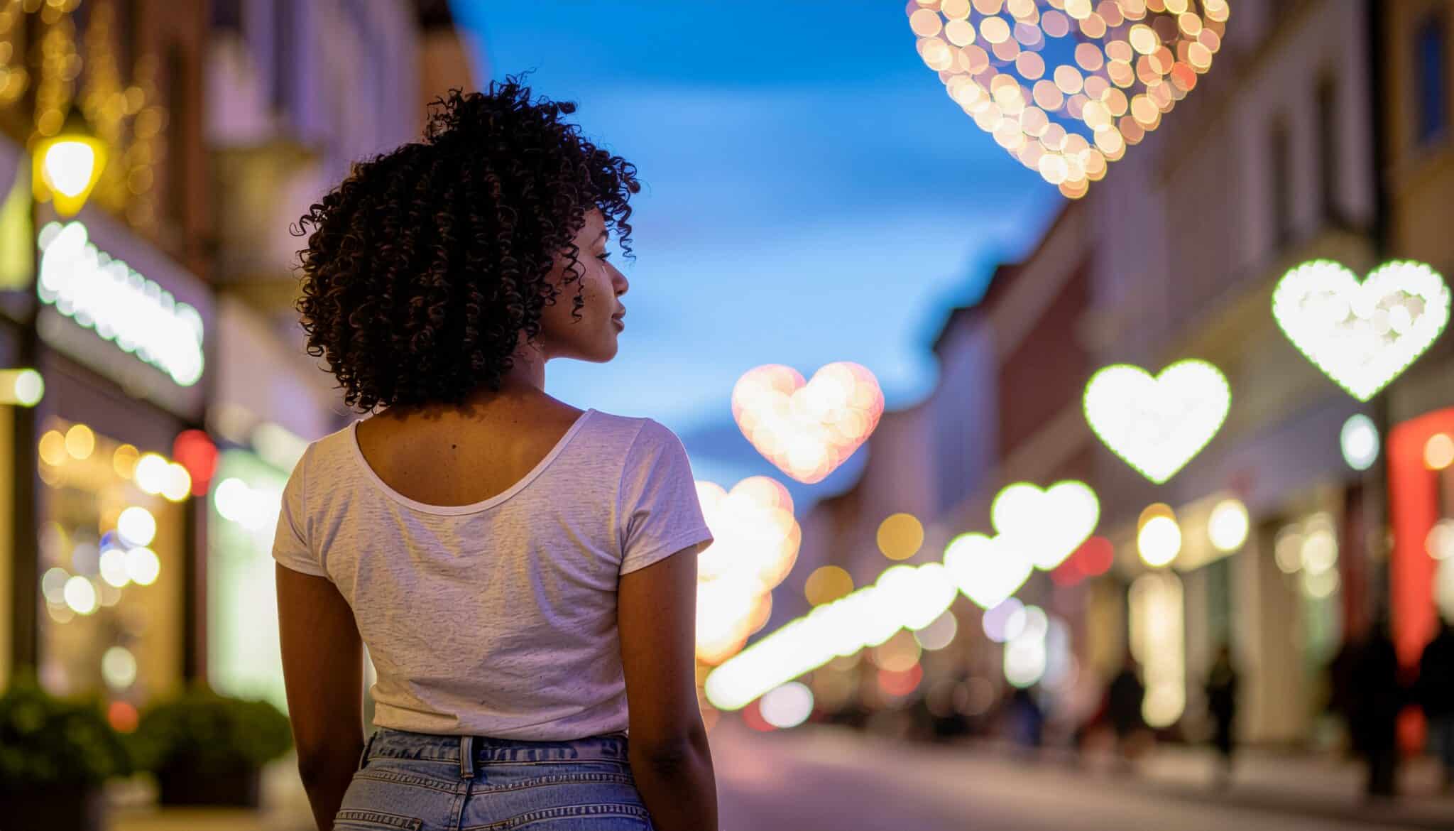 valentines grief woman on the street with heart lights