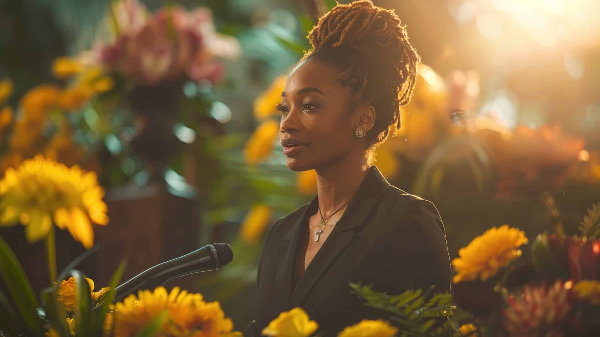 Woman delivering eulogy after using these eulogy writing prompts